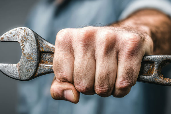 Man with wrench highlight the proactive maintenance of fleet management software