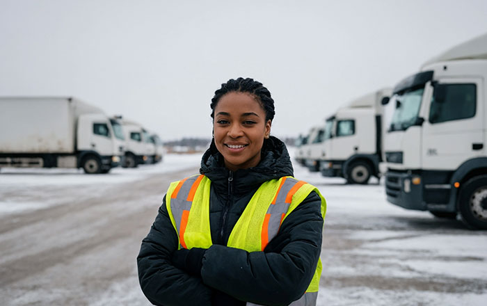 woman standing in front of fleet of vehicles endorsing Winter fleet safety tips
